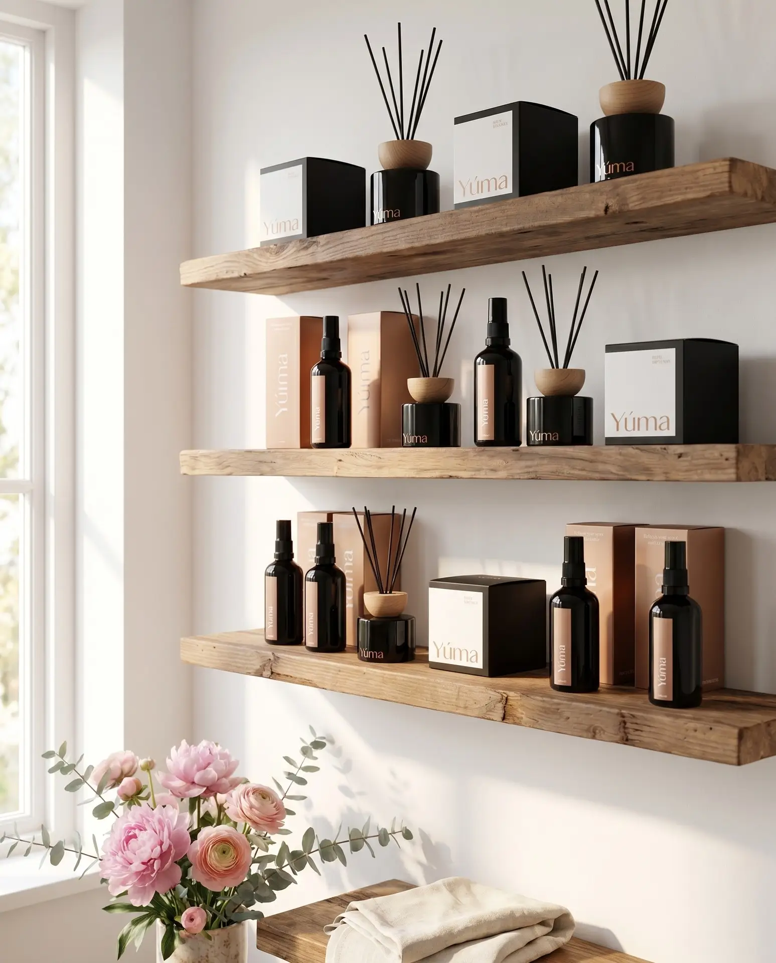 A dark, warmly lit retail display window showcasing light-colored ceramic vessels on wooden shelves. A dark, warmly lit retail display window showcasing light-colored ceramic vessels on wooden shelves.