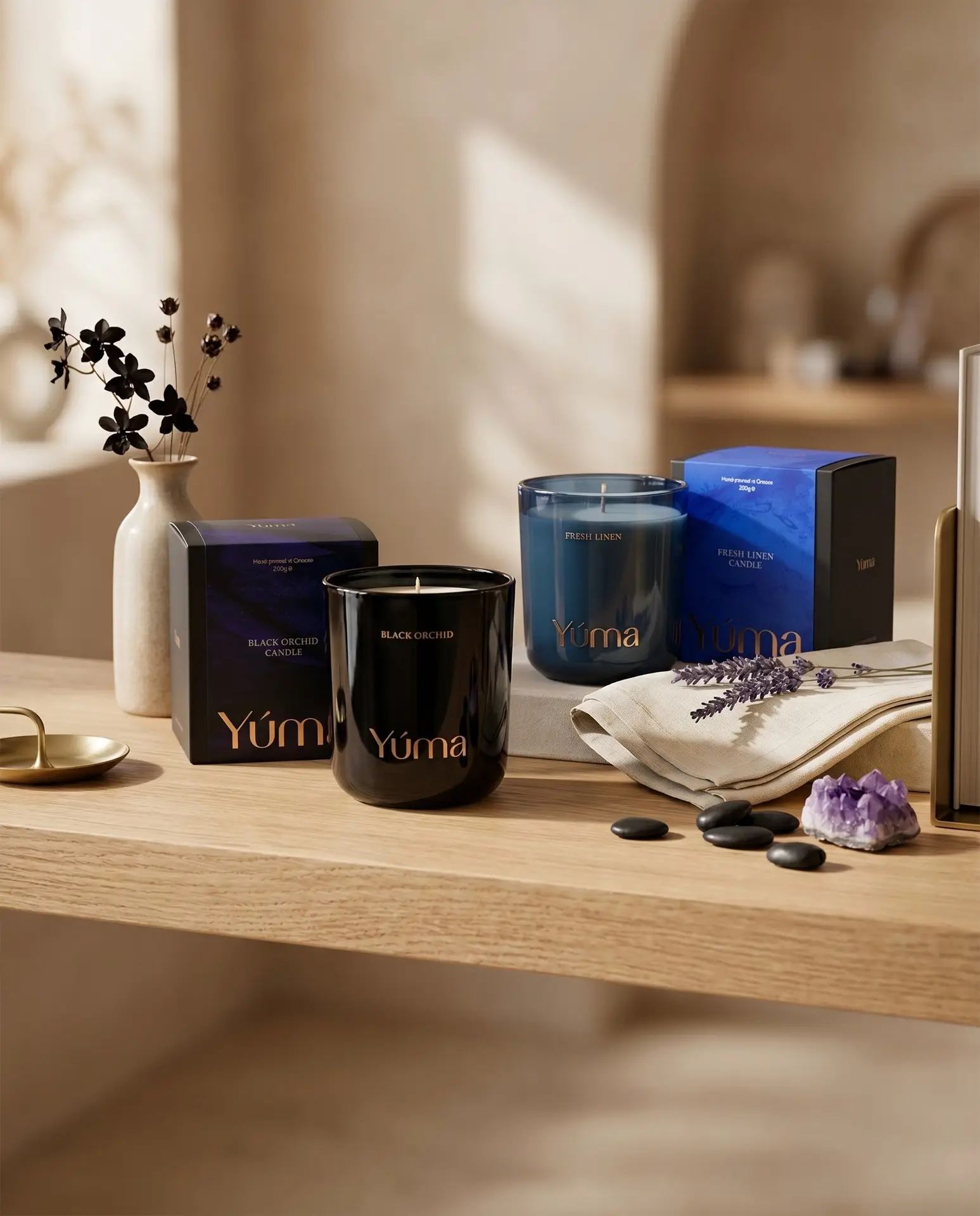 Lit YUMA candle on a wood shelf beside a snap-bar wax melt. Lit YUMA candle on a wood shelf beside a snap-bar wax melt.