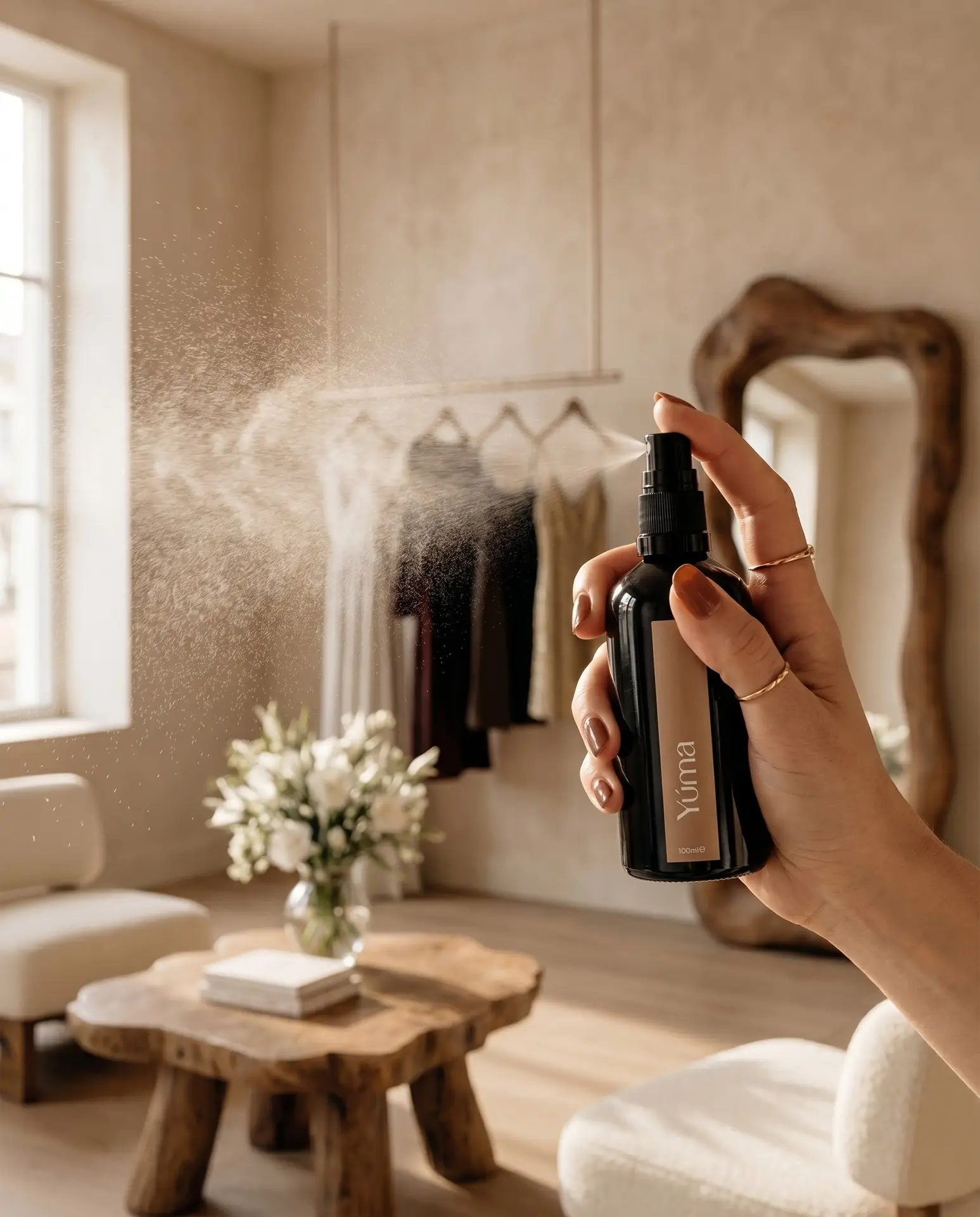 YUMA fabric mist beside folded white linen. YUMA fabric mist beside folded white linen.