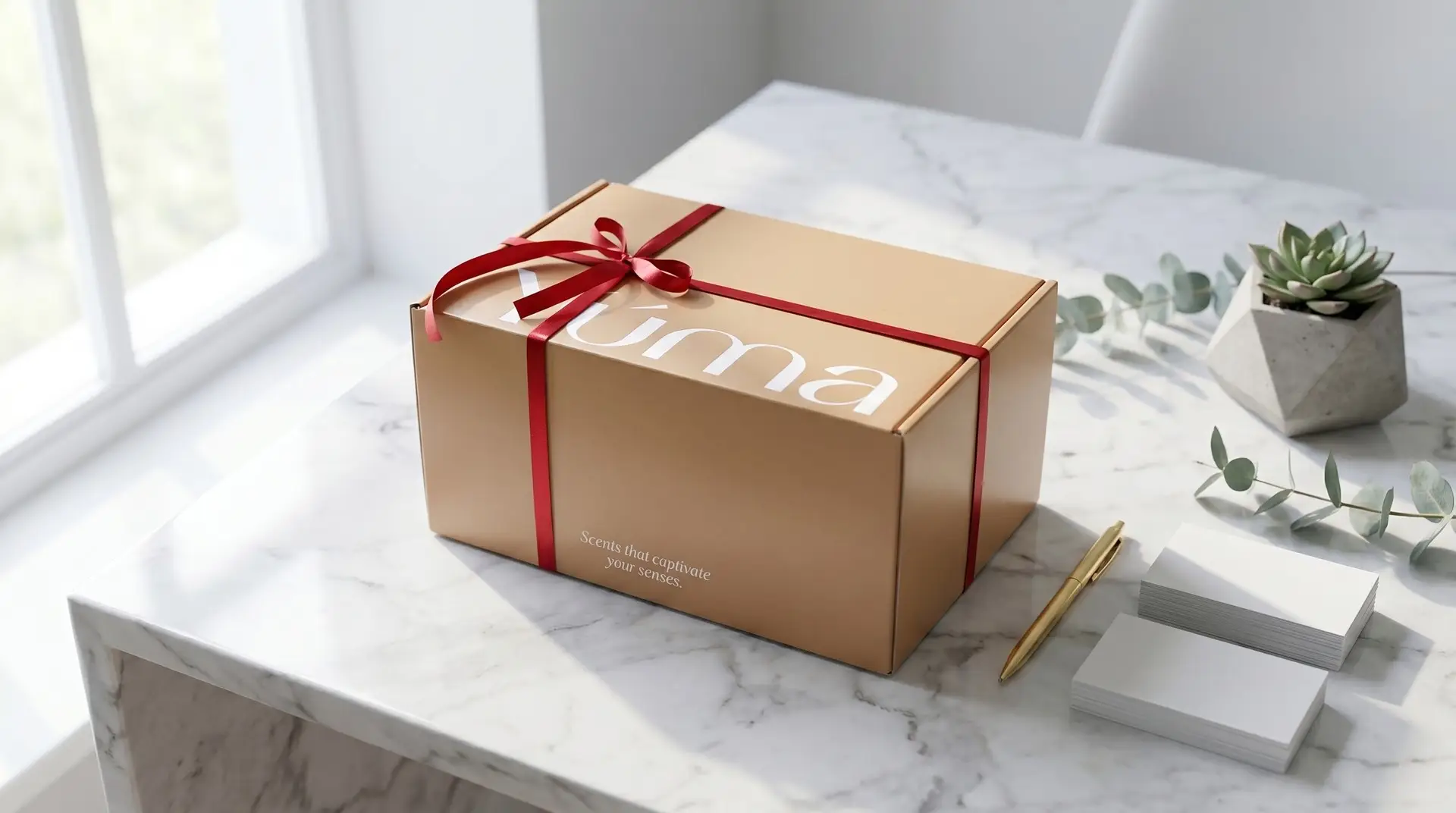 Kraft paper gift box tied with twine on light wood, with white cards alongside it. Kraft paper gift box tied with twine on light wood, with white cards alongside it.