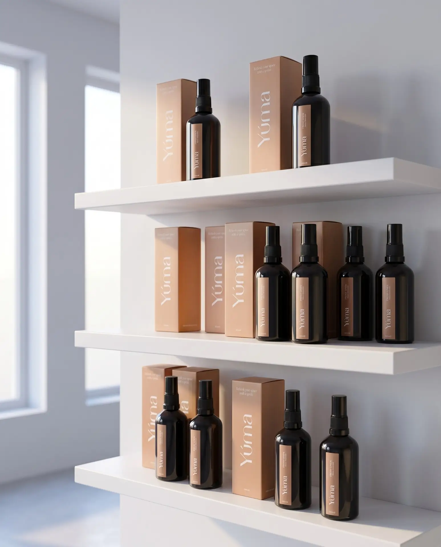 YUMA fabric mist bottles displayed on white shelves with their boxes. YUMA fabric mist bottles displayed on white shelves with their boxes.