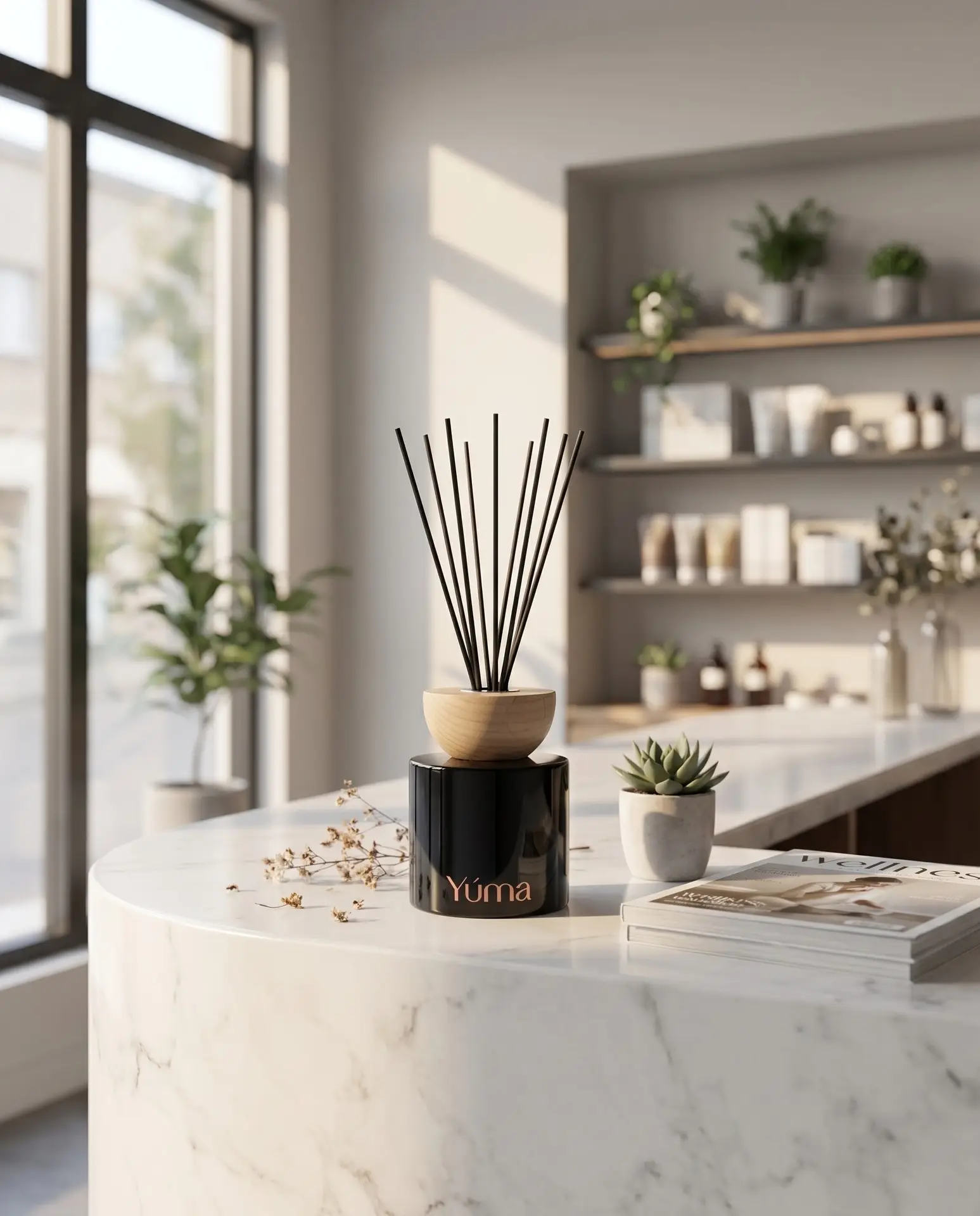 Black YUMA reed diffuser on a marble counter with product shelves in the background. Black YUMA reed diffuser on a marble counter with product shelves in the background.