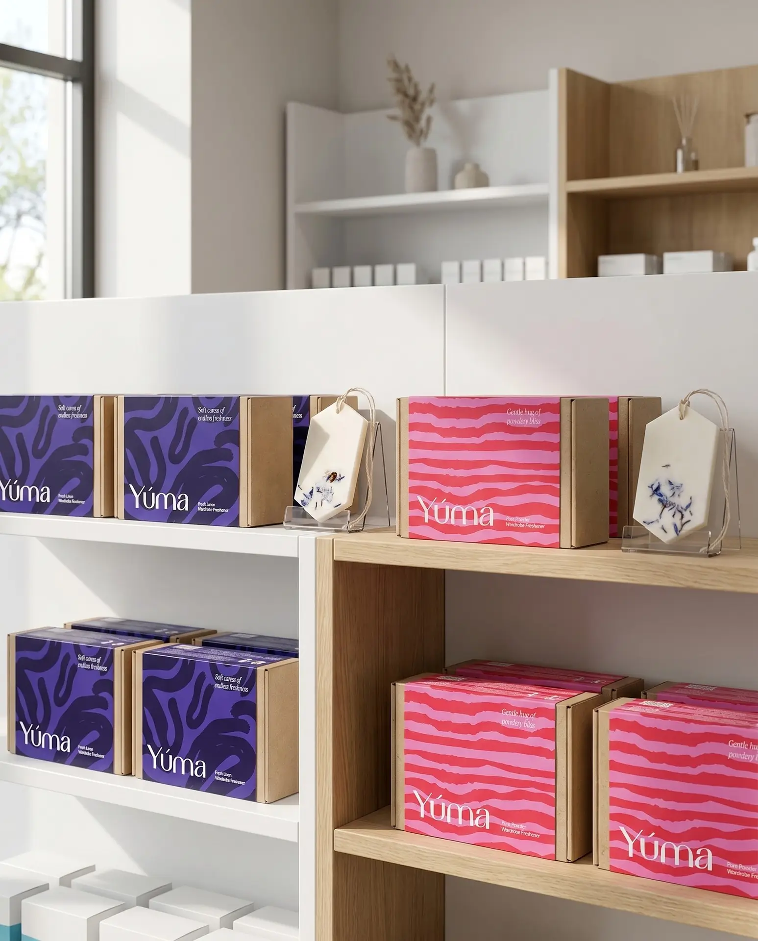 YUMA wax tablets on clear stands with colourful boxes on white shelves. YUMA wax tablets on clear stands with colourful boxes on white shelves.