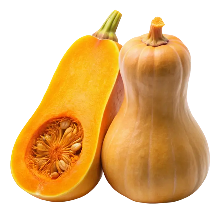 Pumpkin A whole and a halved butternut squash with visible seeds on a white background.