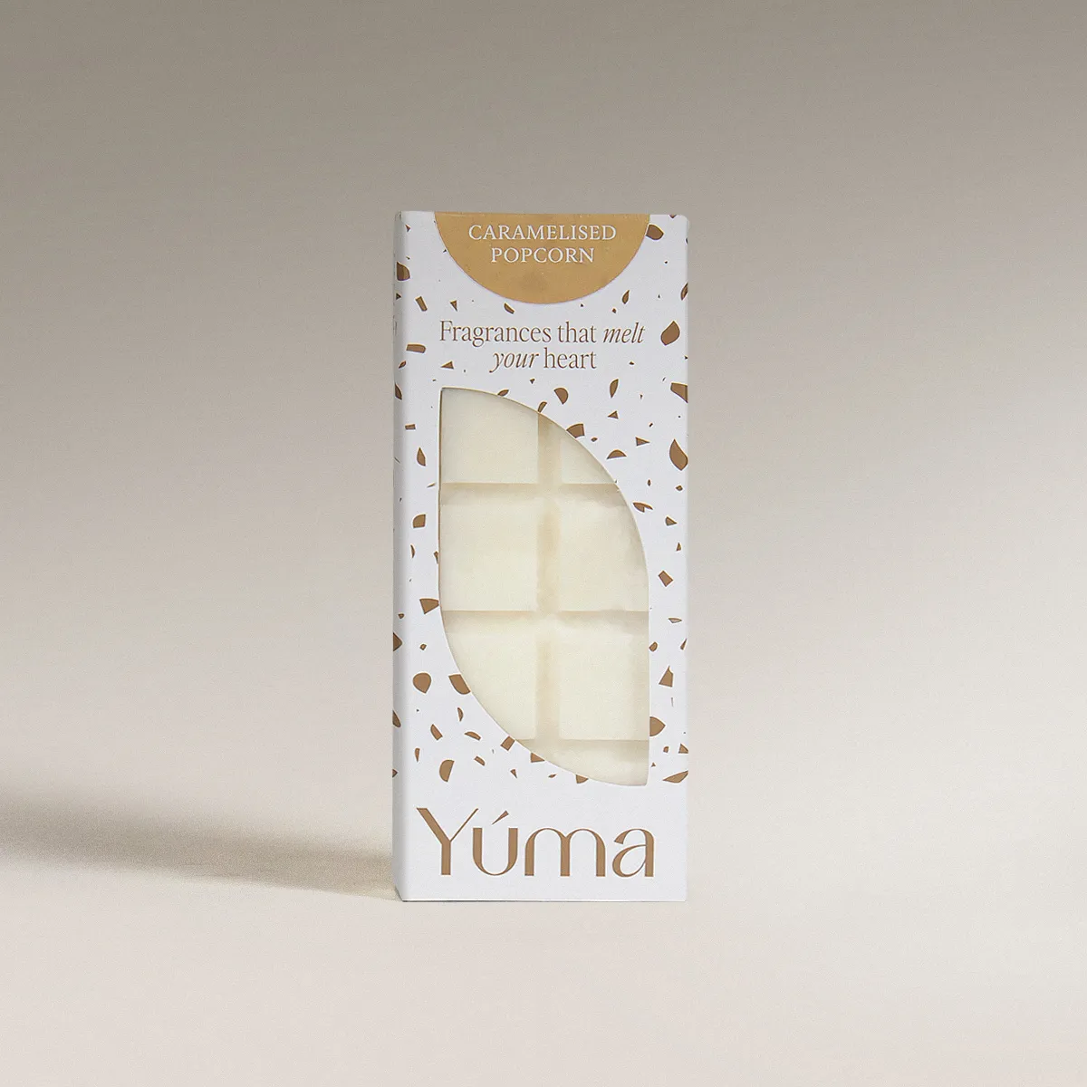 Caramelised Popcorn Snap Bar YUMA Caramelized Popcorn Wax Melts in a white box with brown details and wax cubes visible.