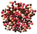 Pink Pepper A mix of whole peppercorns in black, pink, and white on a white background.