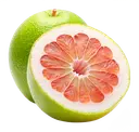 Pomelo A whole green grapefruit next to a halved one showing pink flesh, on a white background.
