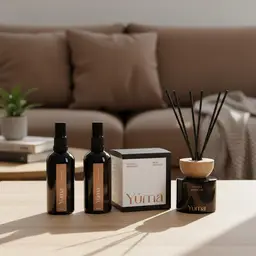 Anti Tobacco Room Set Two room sprays, a box, and a YUMA Antique Bookcase reed diffuser on a wooden table.