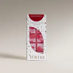 Melomakarono Snap Bar White YUMA Melomakarono wax melts packaging with red and pink chocolate-shaped scented wax pieces.