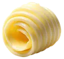 Butter A spiral curl of creamy yellow butter on a white background.