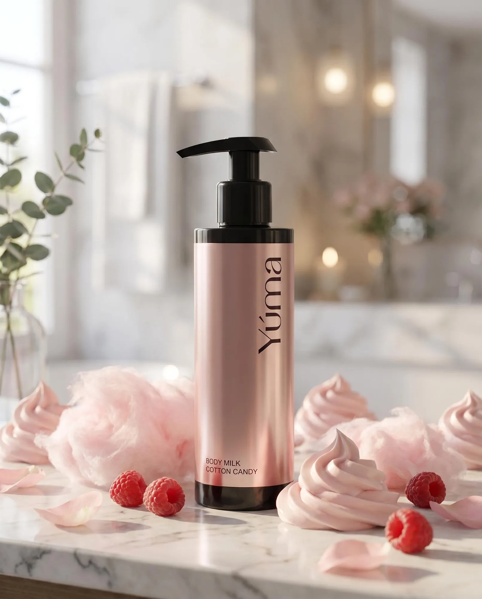 Cotton Candy Body Milk & Hair and Body Mist Set YUMA Cotton Candy body milk in a pink metallic pump bottle, surrounded by raspberries and meringues.