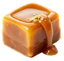 Caramel A square piece of soft caramel with a liquid glaze and small salt crystals, on a white background.
