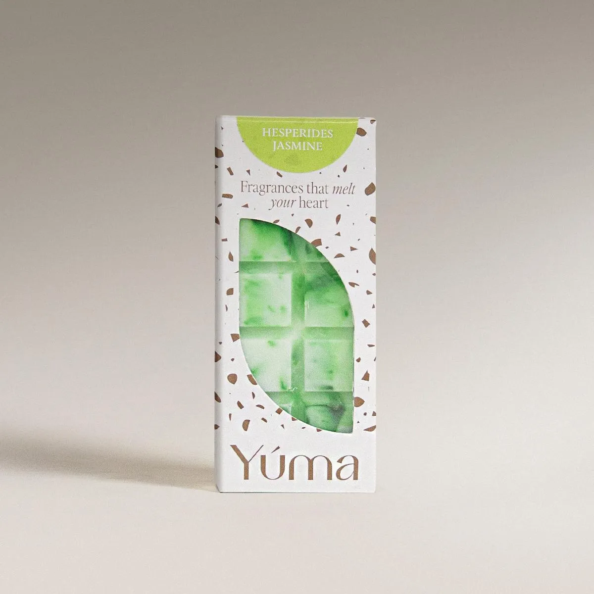 Hesperides Jasmine Snap Bar YUMA Wax Melts Hesperides Jasmine white packaging with a green bar-shaped wax melt.