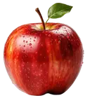 Apple A whole red apple with water droplets, a stem, and a green leaf on a white background.