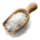 Salt A wooden spoon filled with coarse white salt crystals on a white background.