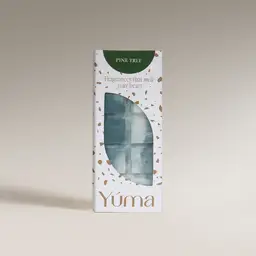 Pine Tree Snap Bar YUMA Pine Tree Wax Melts packaging with green wax cubes in a white box.