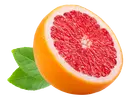 Grapefruit A halved grapefruit with red flesh and two green leaves on a white background.