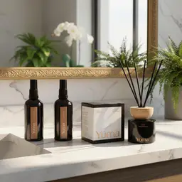 Bathroom Set Two YUMA room sprays, a box, and a reed diffuser arranged on a marble bathroom countertop.